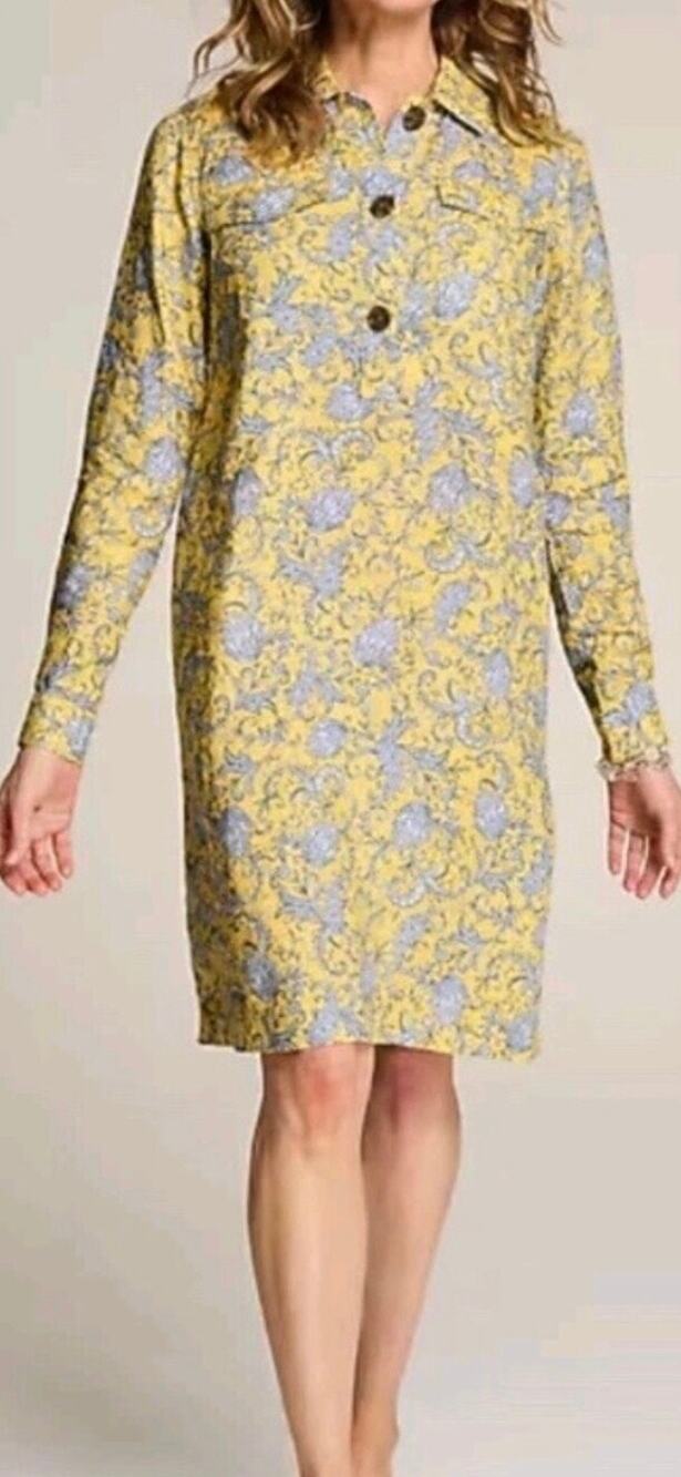 100% Linen J Jill Lemon Paisley Popover Shirt Dress Floral Women’s Medium